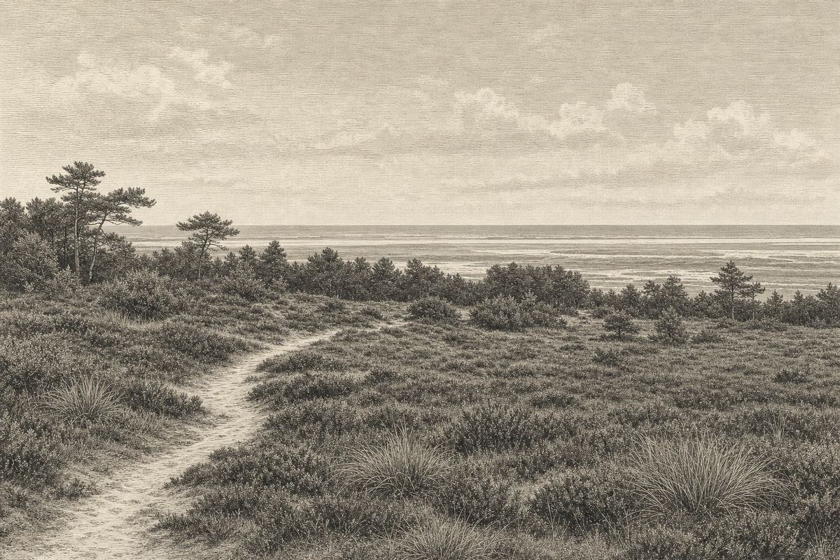 Kupferstich-Ansicht der Cuxhavener Küstenheide: ein Sandweg führt durch niedrige Zwergstrauchheide, dahinter ein Gürtel windgeformter Kiefern, am Horizont das Wattenmeer und die offene See