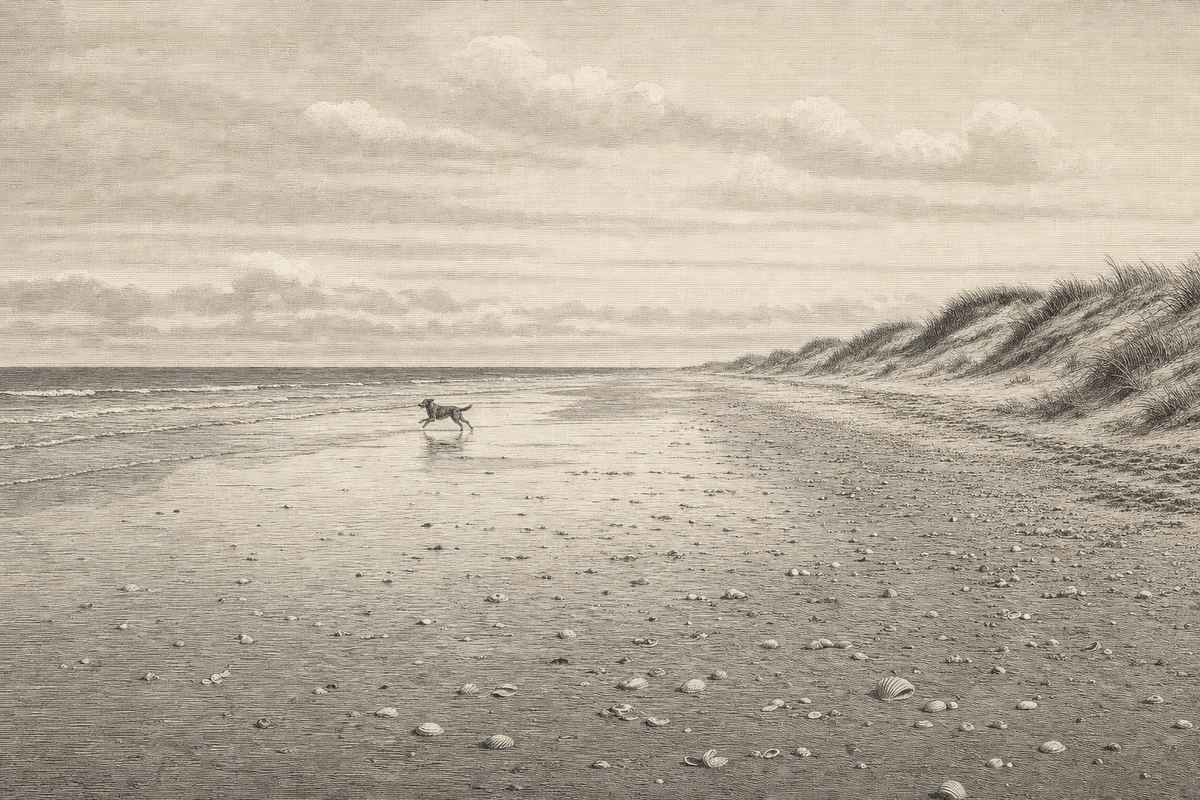 Kupferstich-Ansicht eines weiten Nordseestrandes mit Dünenkante und Strandkorbreihe in der Ferne, ein Hund läuft am Spülsaum
