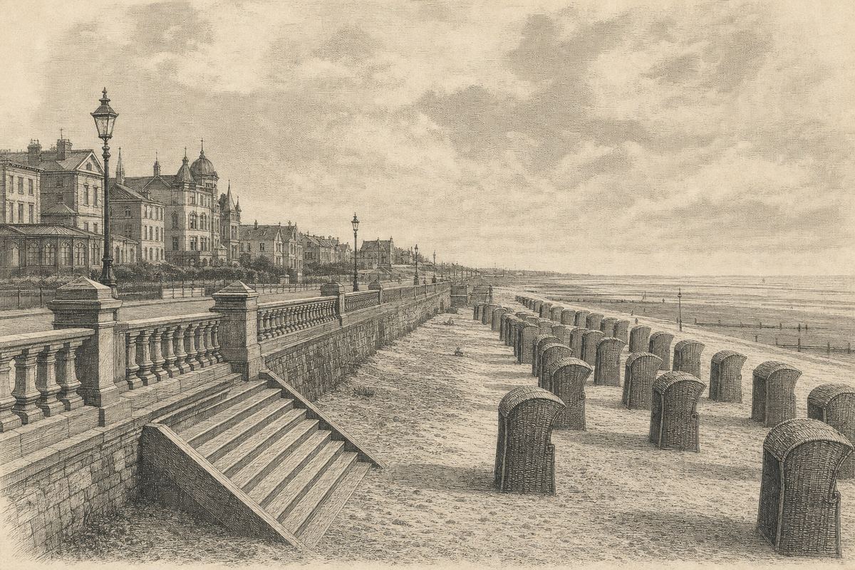 Kupferstich-Ansicht einer Strandpromenade an der Nordsee mit Zugang zum Strand, Dünenkante und Reihen von Strandkörben