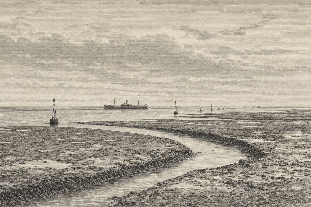 Kupferstich-Ansicht der Elbmündung bei Cuxhaven: ein Frachtschiff läuft in der Fahrrinne aus, davor liegt bei ablaufendem Wasser der Wattsaum mit Prielen