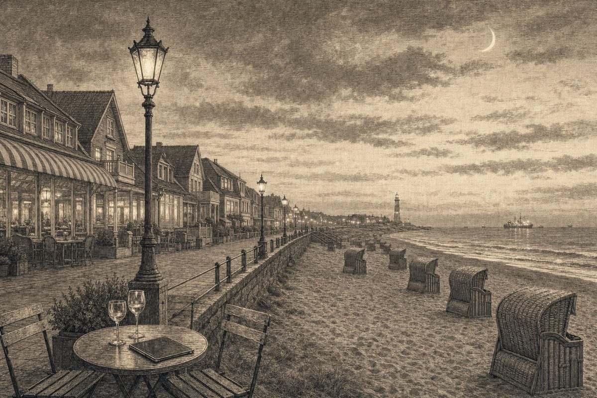 Kupferstich-Ansicht einer Strandpromenade in der Dämmerung: beleuchtete Fenster eines Cafés, leere Strandkörbe im Sand, im Vordergrund ein Bistrotisch mit zwei Gläsern und einem Tablet