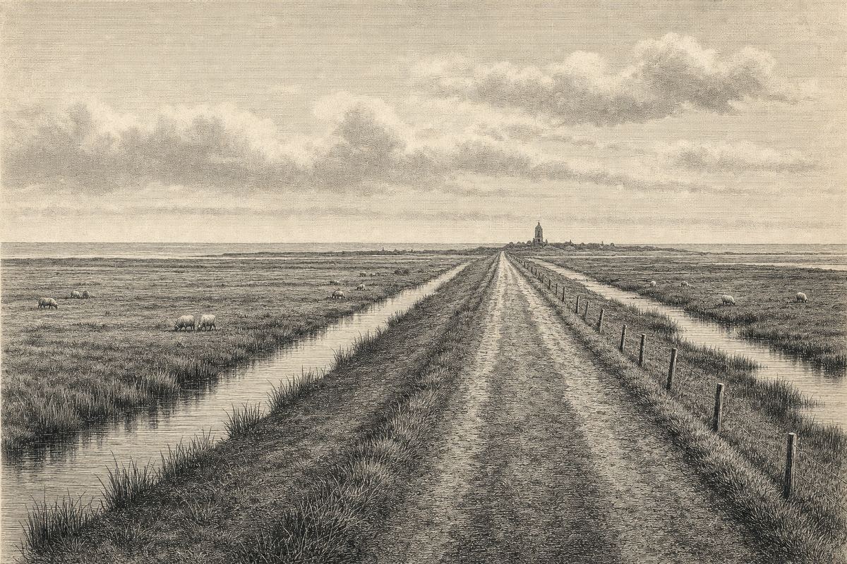Kupferstich-Ansicht einer geraden Deichstraße durch flaches Marschland: Entwässerungsgräben beiderseits, Weideflächen, ein Kirchturm am Horizont