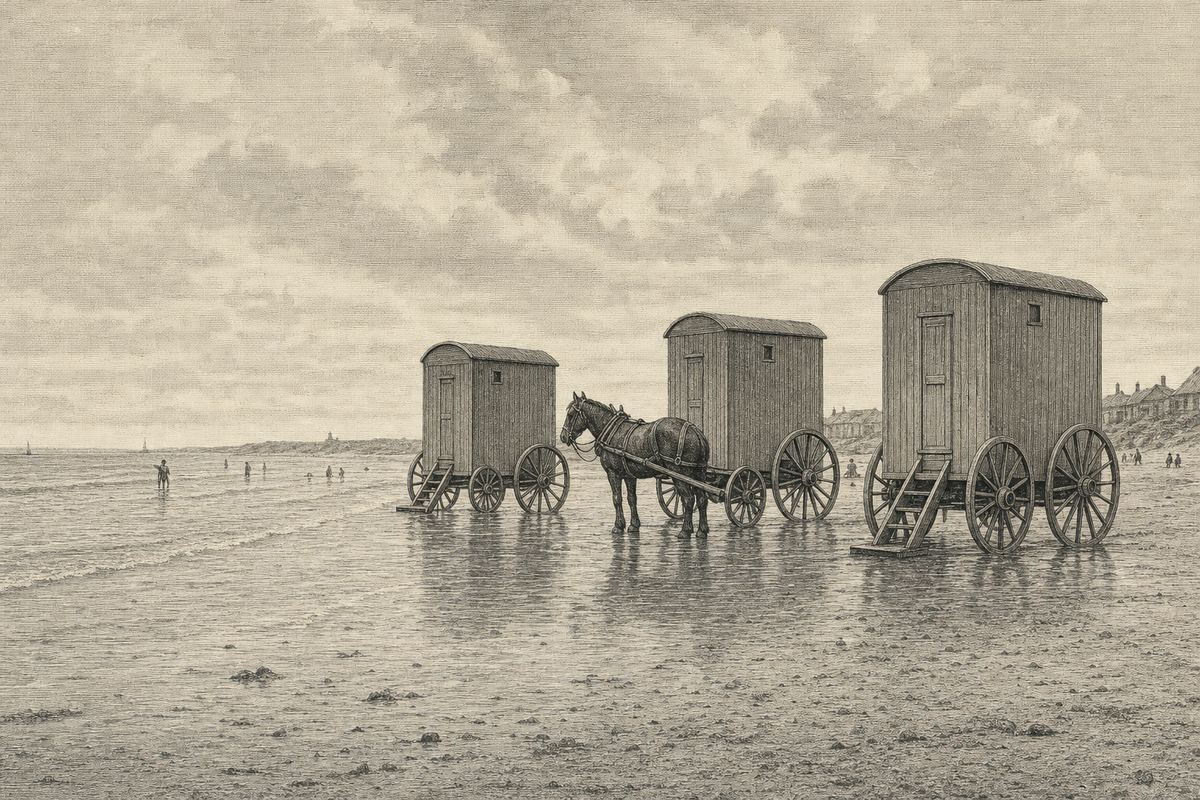 Kupferstich-Ansicht von Badekarren am Wasser: drei hohe Holzkabinen auf großen Speichenrädern, ein Pferd davorgespannt, ruhiges flaches Wasser