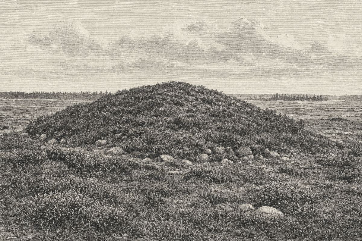 Kupferstich-Ansicht eines niedrigen vorgeschichtlichen Grabhügels in offener Heide: eine gerundete, mit Zwergsträuchern bewachsene Erhebung, Steine am Fuß, flache Heide dahinter