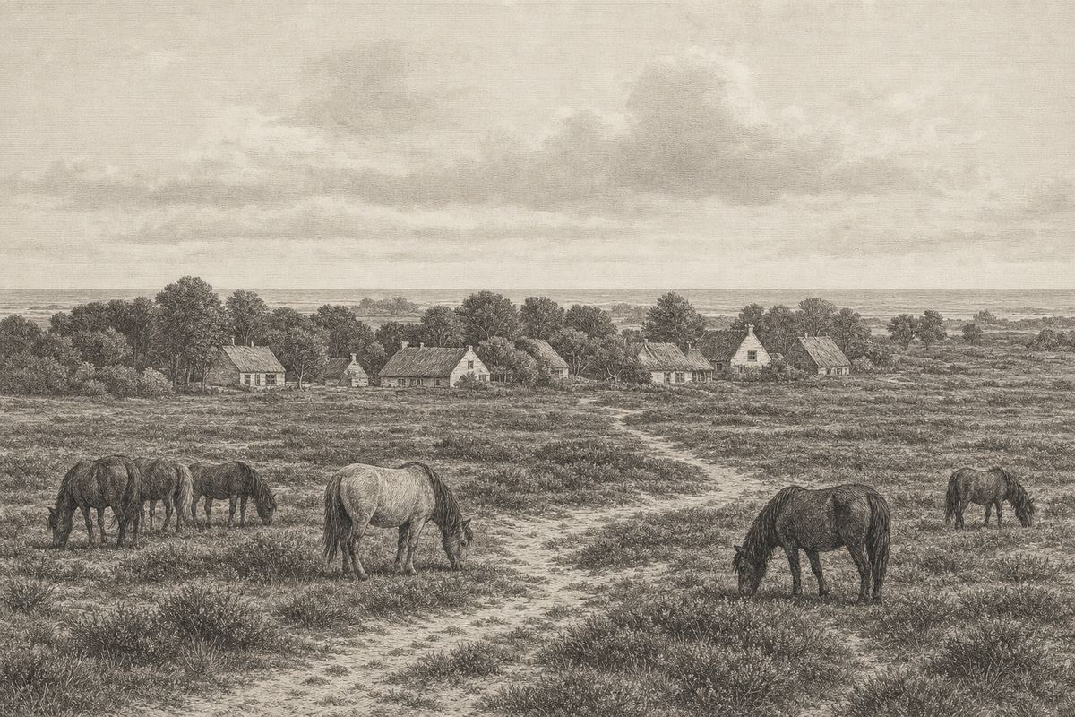 Kupferstich-Ansicht eines Heidedorfes über offene Heide gesehen: niedrige Bauernhäuser zwischen Bäumen in der Ferne, robuste Weidepferde im Vordergrund, ein Sandweg dazwischen