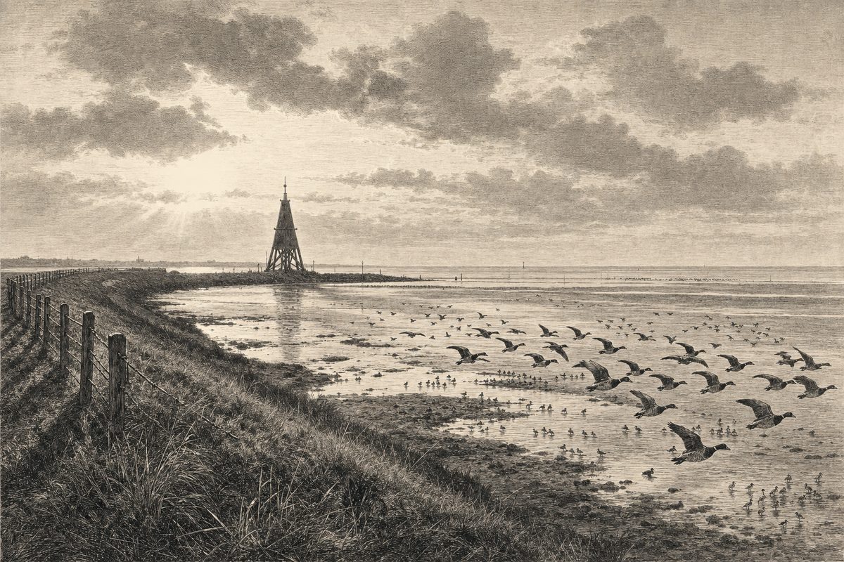 Kupferstich-Ansicht des herbstlichen Wattenmeers bei Cuxhaven: ein Schwarm Ringelgänse fliegt tief über das Watt, am Horizont die Kugelbake, tief stehende Sonne unter schweren Wolken