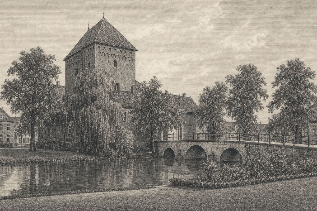 Kupferstich-Ansicht einer kleinen Wasserburg: ein quadratischer Backsteinturm mit steilem Dach hinter alten Bäumen, eine Steinbrücke über den Graben