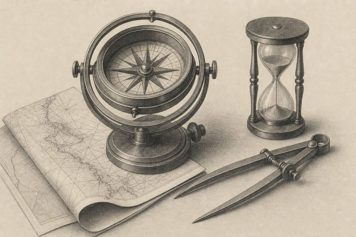 Kupferstich-Stillleben nautischer Instrumente: ein kardanisch aufgehängter Trockenkompass, ein Stechzirkel aus Messing, eine gefaltete Seekarte mit sich wölbender Kante, ein kleines Stundenglas