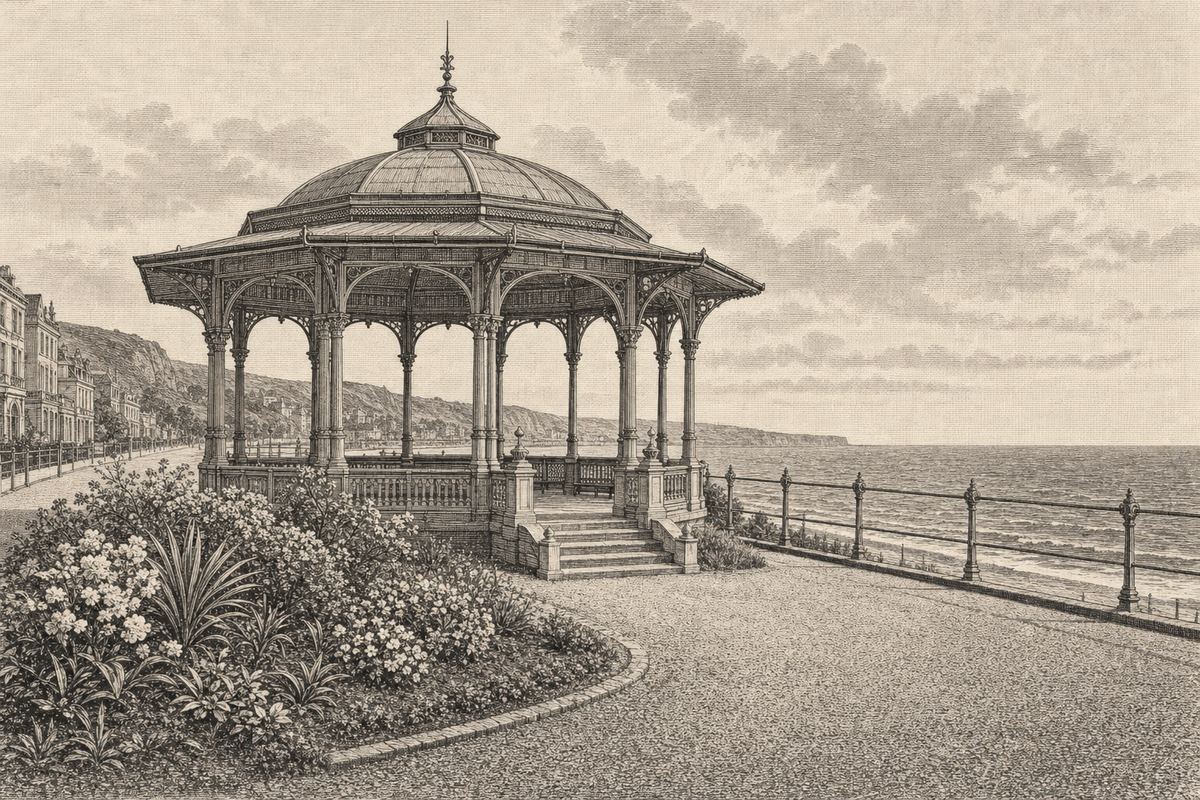 Kupferstich-Ansicht eines Kurpavillons auf der Strandpromenade: ein verzierter offener Holzbau mit flacher Kuppel, Stufen zu einem Kiesweg, Blumenbeete und ein niedriges Geländer über dem Strand