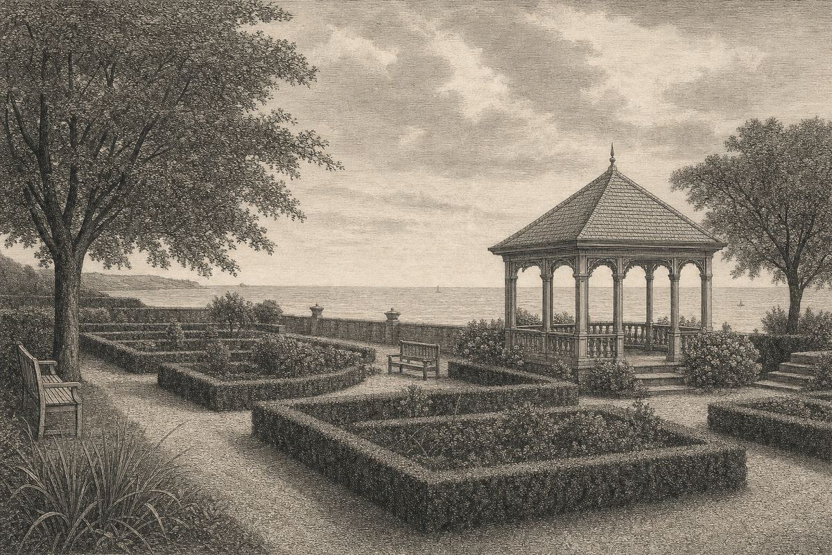 Kupferstich-Ansicht eines Kurgartens am Meer: Kieswege zwischen geschnittenen Hecken, ein offener Pavillon mit Schindeldach, Bänke, alte Bäume, dahinter die See