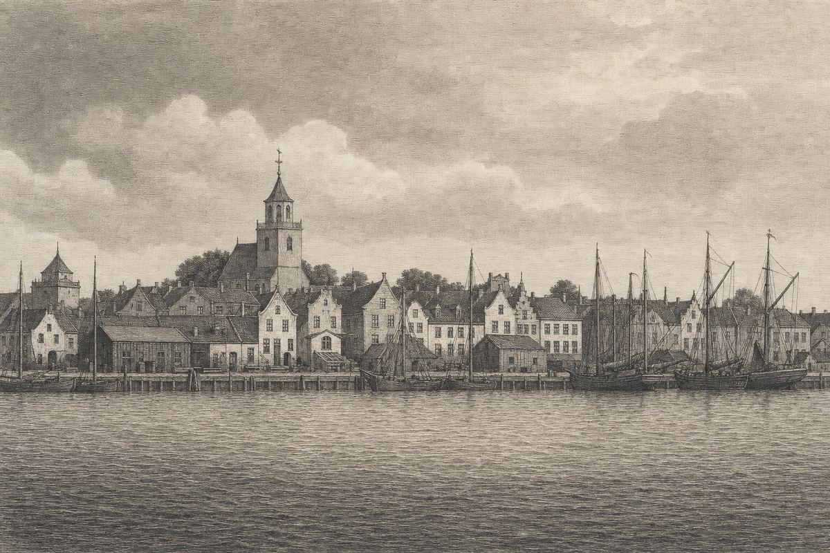 Kupferstich-Stadtansicht eines kleinen Nordseehafenortes vom Wasser aus: Giebelhäuser entlang einer Kaikante, ein Kirchturm, Masten vertäuter Fahrzeuge