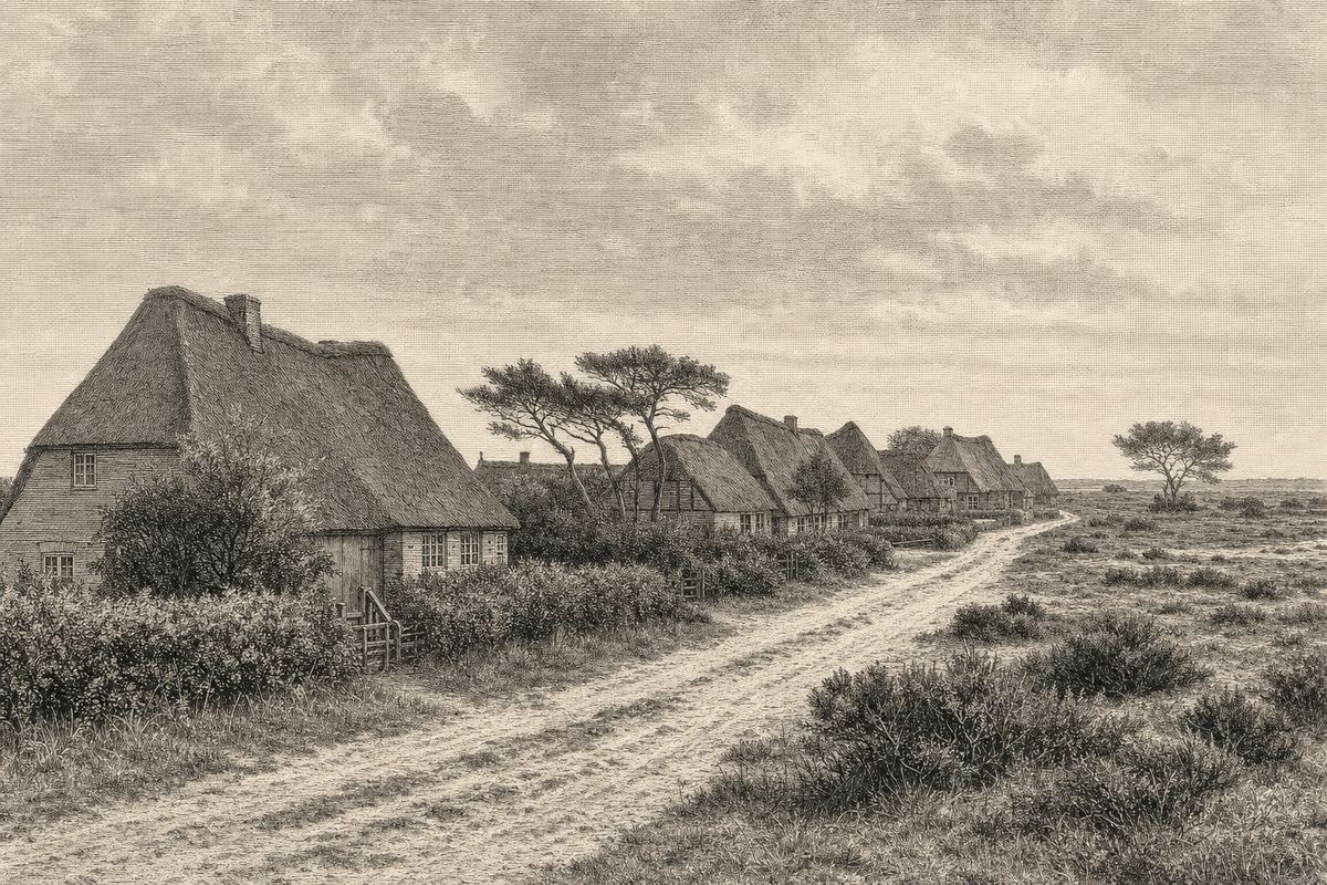 Kupferstich-Ansicht eines Geestdorfes: reetgedeckte Höfe entlang eines unbefestigten Weges, Knicks und windgeformte Bäume, dahinter offene Heide