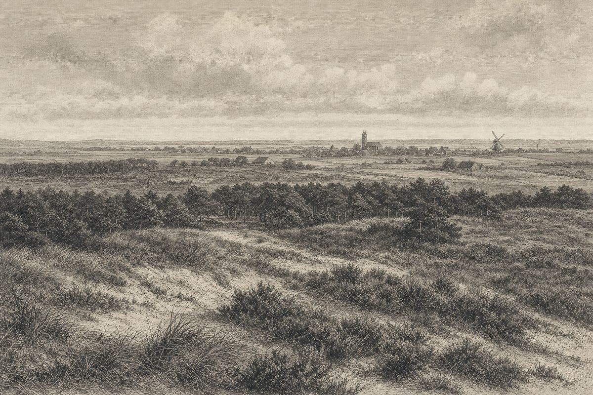Kupferstich-Panorama von einem Dünenrücken landeinwärts: Heide im Vordergrund, ein Kiefernwaldgürtel in mittlerer Entfernung, verstreute Höfe, Kirchturm und Windmühle am Horizont