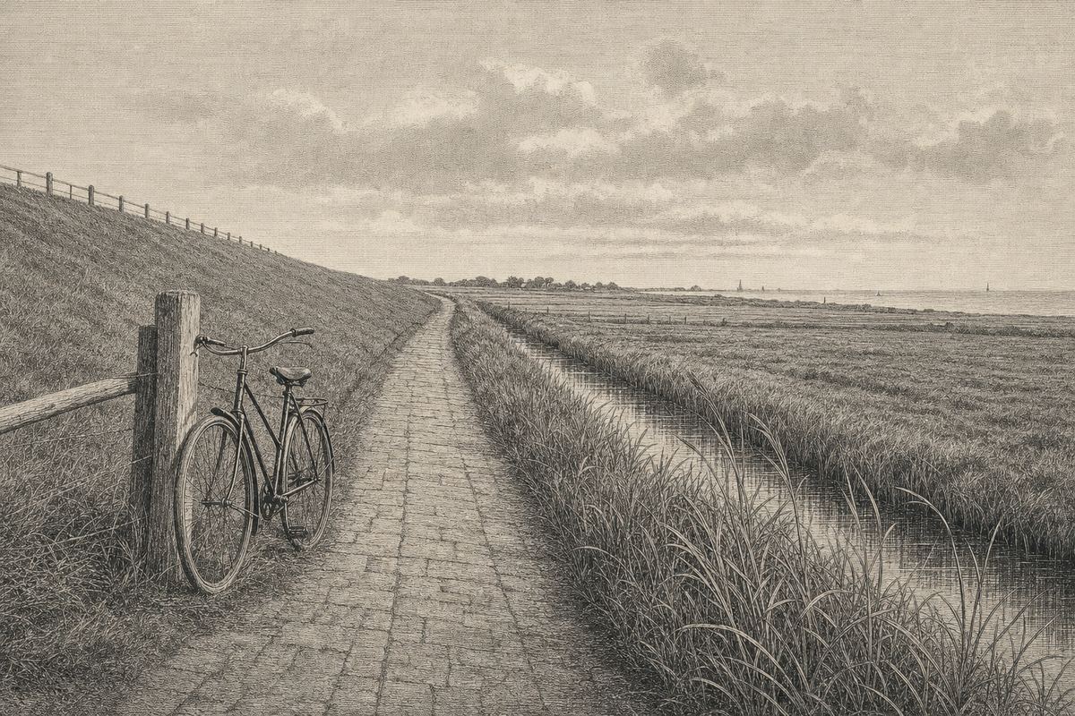 Kupferstich-Ansicht eines schmalen Weges am Deichfuß durch offenes Land, ein einzelnes Fahrrad lehnt an einem Zaunpfahl im Vordergrund, Schilf an einem Graben