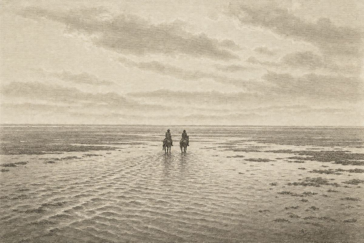 Kupferstich-Ansicht zweier Reiter, die eine weite Fläche aus flachem Wasser und nassem Sand queren, von hinten und klein im Bild, Rippelmarken im Vordergrund, leerer Horizont