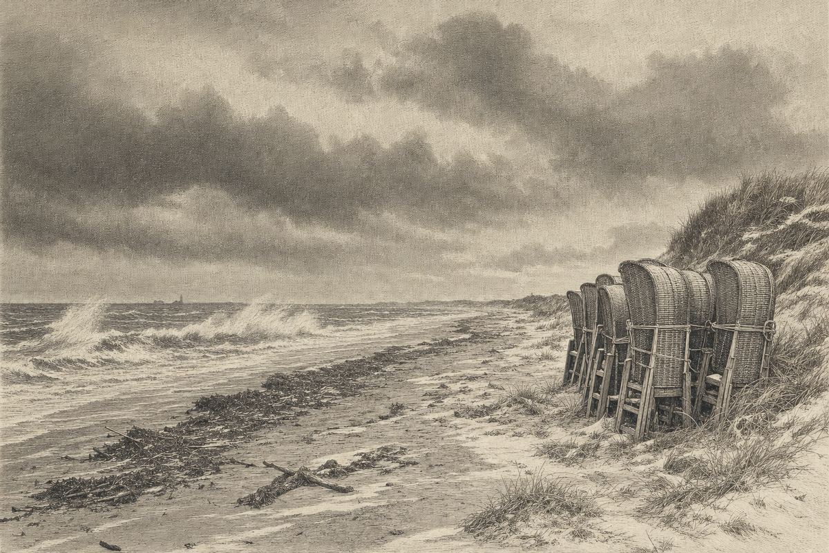 Kupferstich-Ansicht eines leeren Nordseestrandes bei Sturm: Gischt im Wind, eine Spülsaumlinie aus Treibgut, gestapelte und vertäute Strandkörbe an der Dünenkante