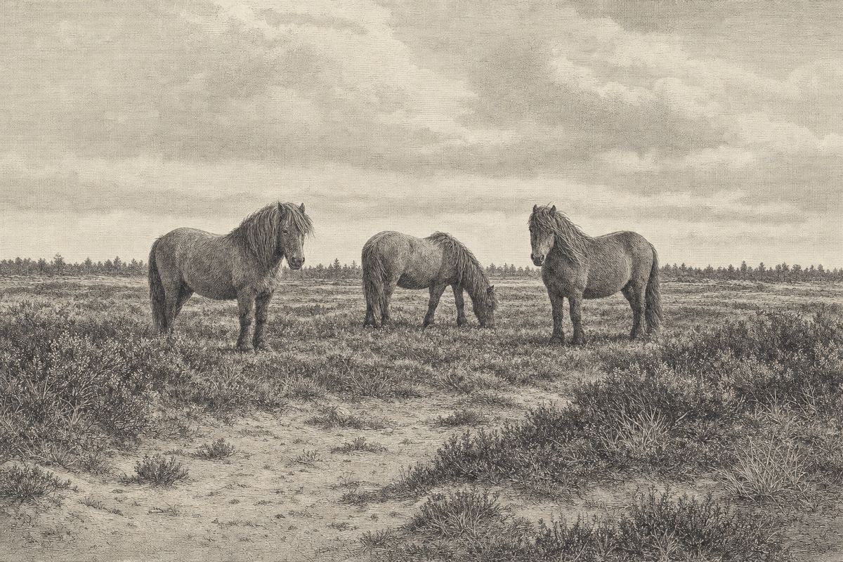 Kupferstich-Ansicht robuster Weidepferde auf offener Zwergstrauchheide: drei Tiere mit dichter Mähne in mittlerer Entfernung, niedriges Gebüsch und eine Sandstelle im Vordergrund