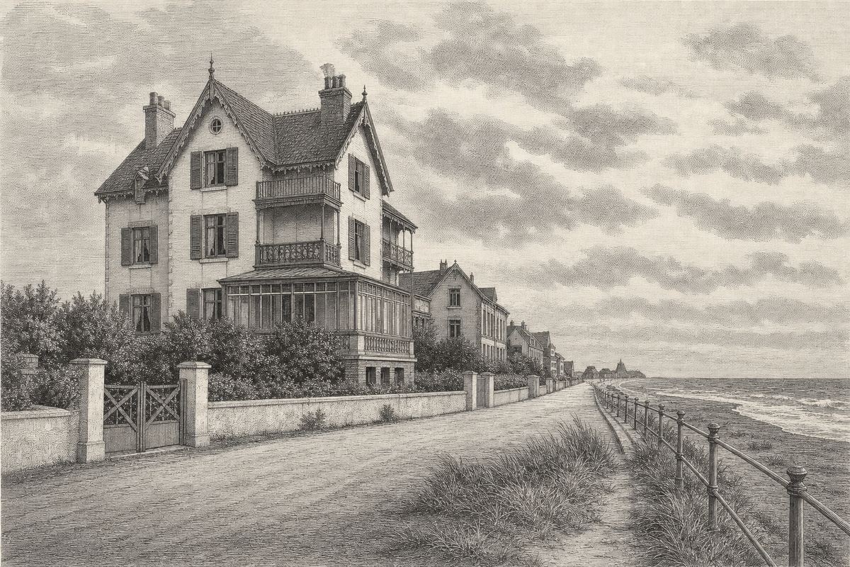 Kupferstich-Ansicht eines Logierhauses an der Nordseepromenade: hohes Giebelhaus mit Balkonen und Fensterläden, niedrige Gartenmauer, Dünengras am Rand