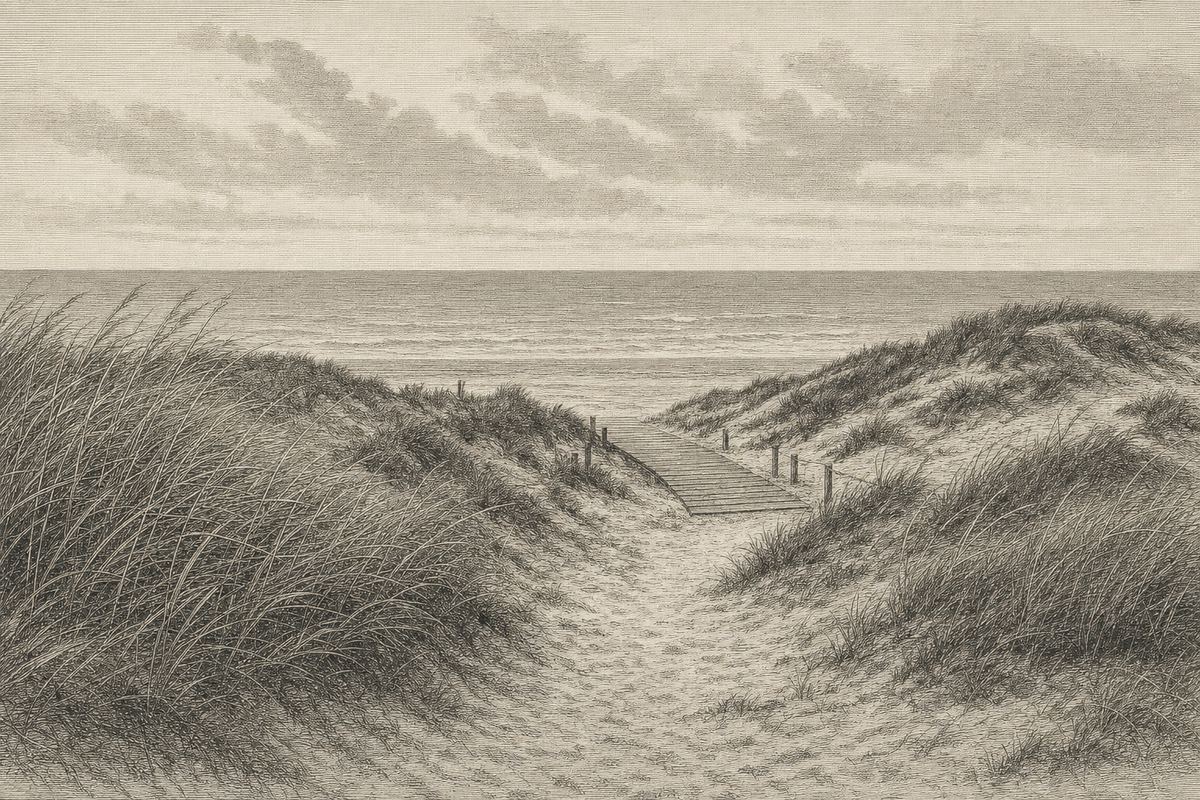 Kupferstich-Ansicht eines sandigen Fußpfades durch Küstendünen, Strandhafer im Wind, ein Bohlenweg in mittlerer Entfernung, flache See dahinter