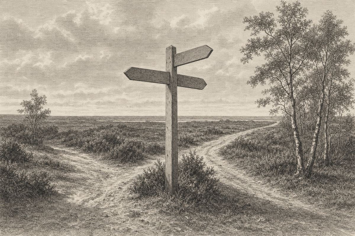 Kupferstich-Ansicht eines hölzernen Wegweisers an einer Kreuzung sandiger Pfade in offener Heide, drei leere Armbretter in verschiedene Richtungen, Zwergsträucher und einzelne Birken