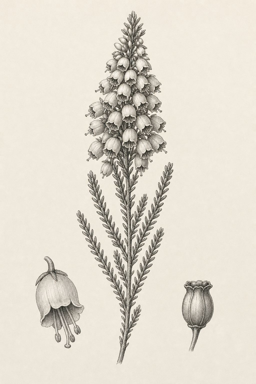 Botanische Tafel der Besenheide: aufrechter Trieb mit Blütenähre aus kleinen Glockenblüten, dazu vergrößerte Studien einer Einzelblüte und einer Samenkapsel