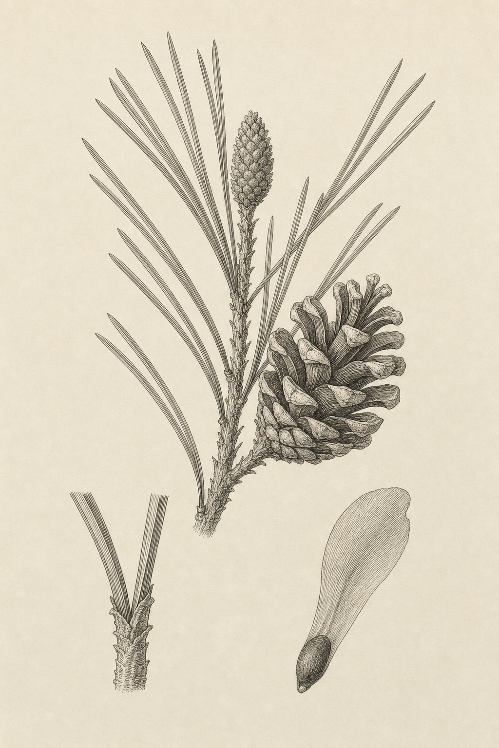 Botanische Tafel der Waldkiefer: Zweigspitze mit paarigen Nadeln, einem reifen und einem jungen Zapfen, dazu vergrößerte Studien einer Nadelbasis und eines geflügelten Samens