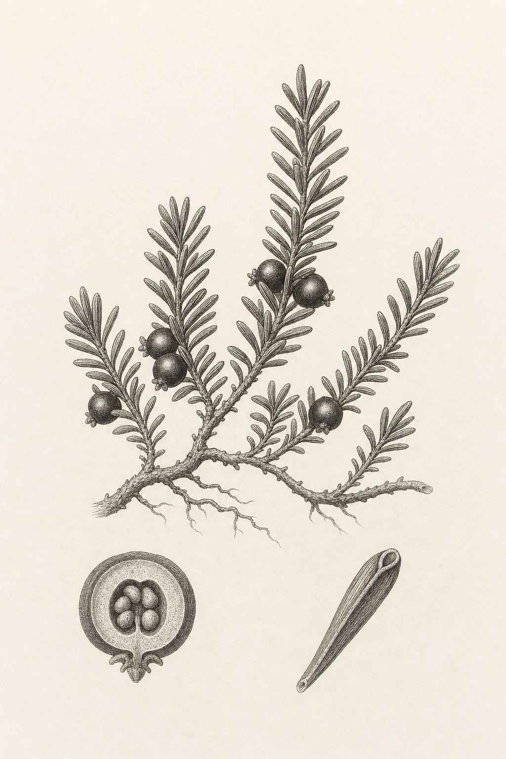Botanische Tafel der Krähenbeere: kriechender Trieb mit schmalen, am Rand eingerollten Nadelblättern und runden Beeren, dazu vergrößerte Studien einer Beere im Schnitt und eines Blattes