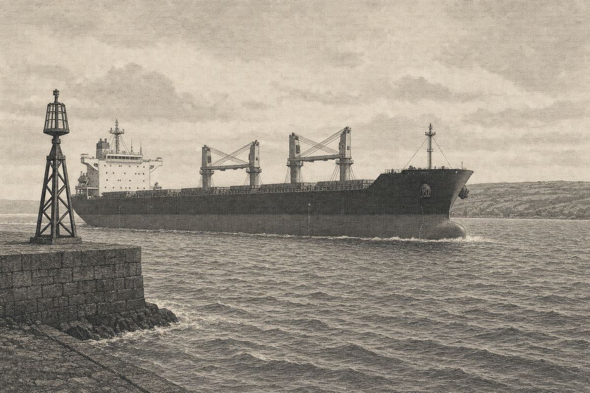 Kupferstich-Ansicht eines großen Frachtschiffs in der Elbfahrrinne vor Cuxhaven, im Vordergrund die Uferkante mit Seezeichen