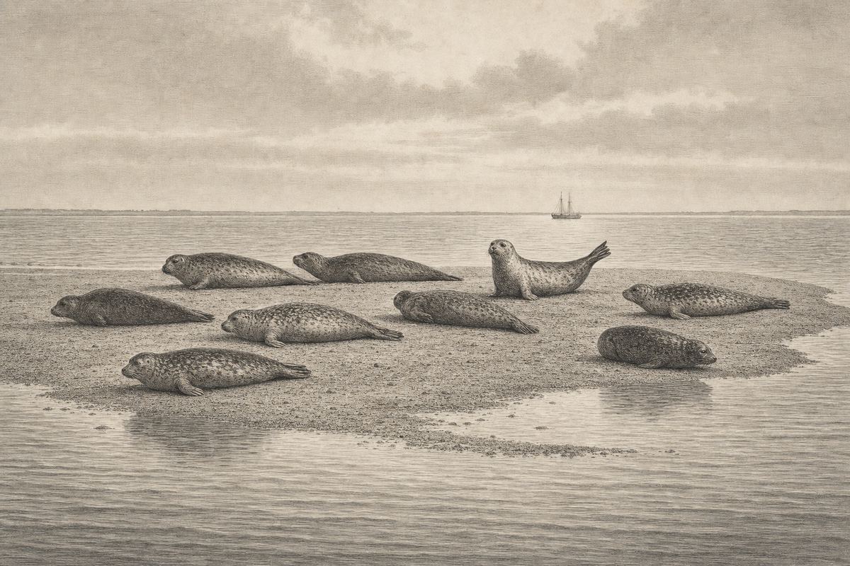 Kupferstich-Ansicht einer trockengefallenen Sandbank vor Cuxhaven mit ruhenden Seehunden, dahinter offenes Wasser und ein Ausflugsschiff in der Ferne