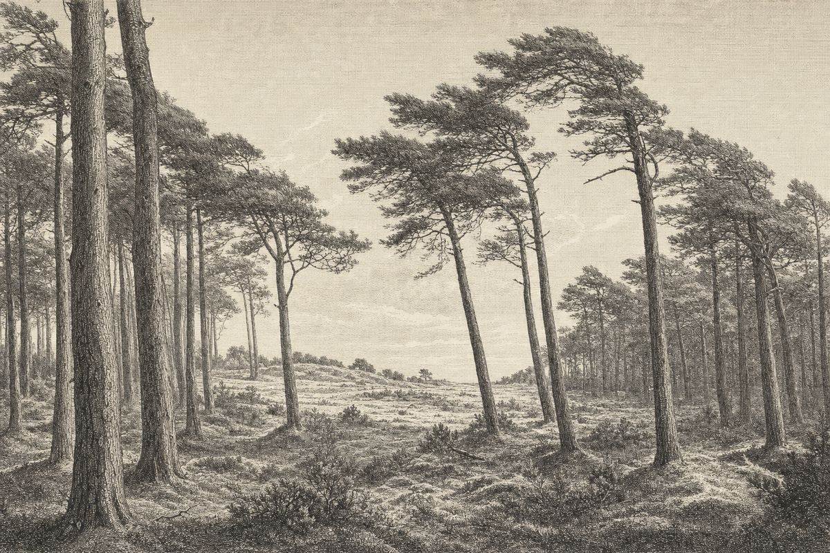 Kupferstich-Ansicht eines Küstenkiefernwaldes: windgeformte Stämme, lichter Bestand, Bodendecke aus Heidekraut und Moos, dahinter offene Heide