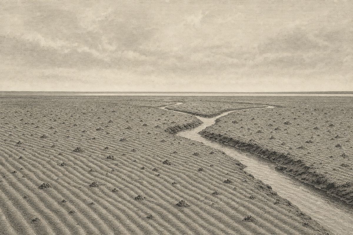 Kupferstich-Ansicht des trockengefallenen Wattenmeers: Rippelmarken ziehen sich bis zum Horizont, ein Priel windet sich durch das Bild, in der Ferne die Wattkante